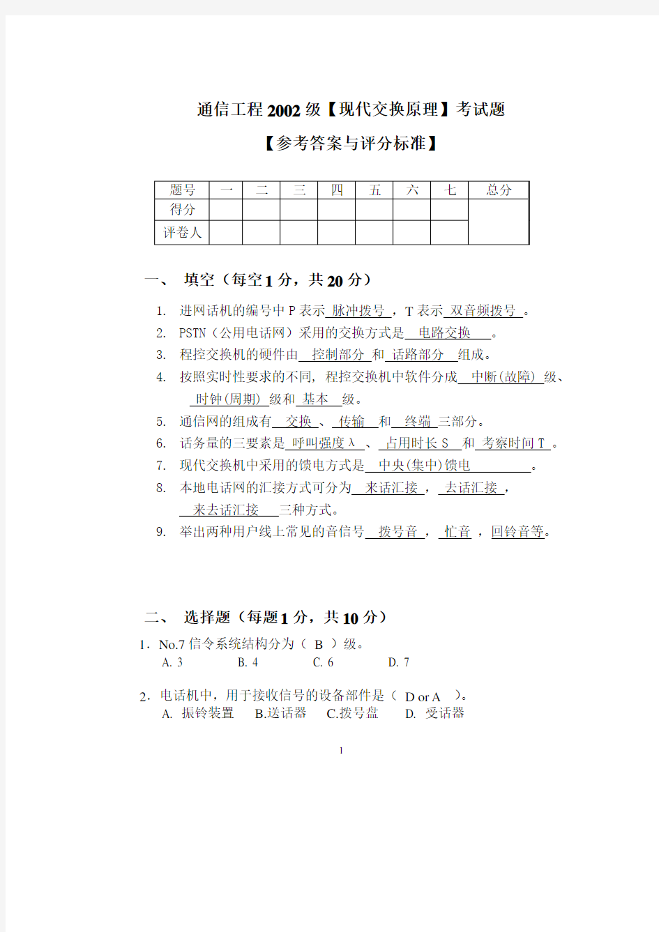 现代交换原理试题及答案