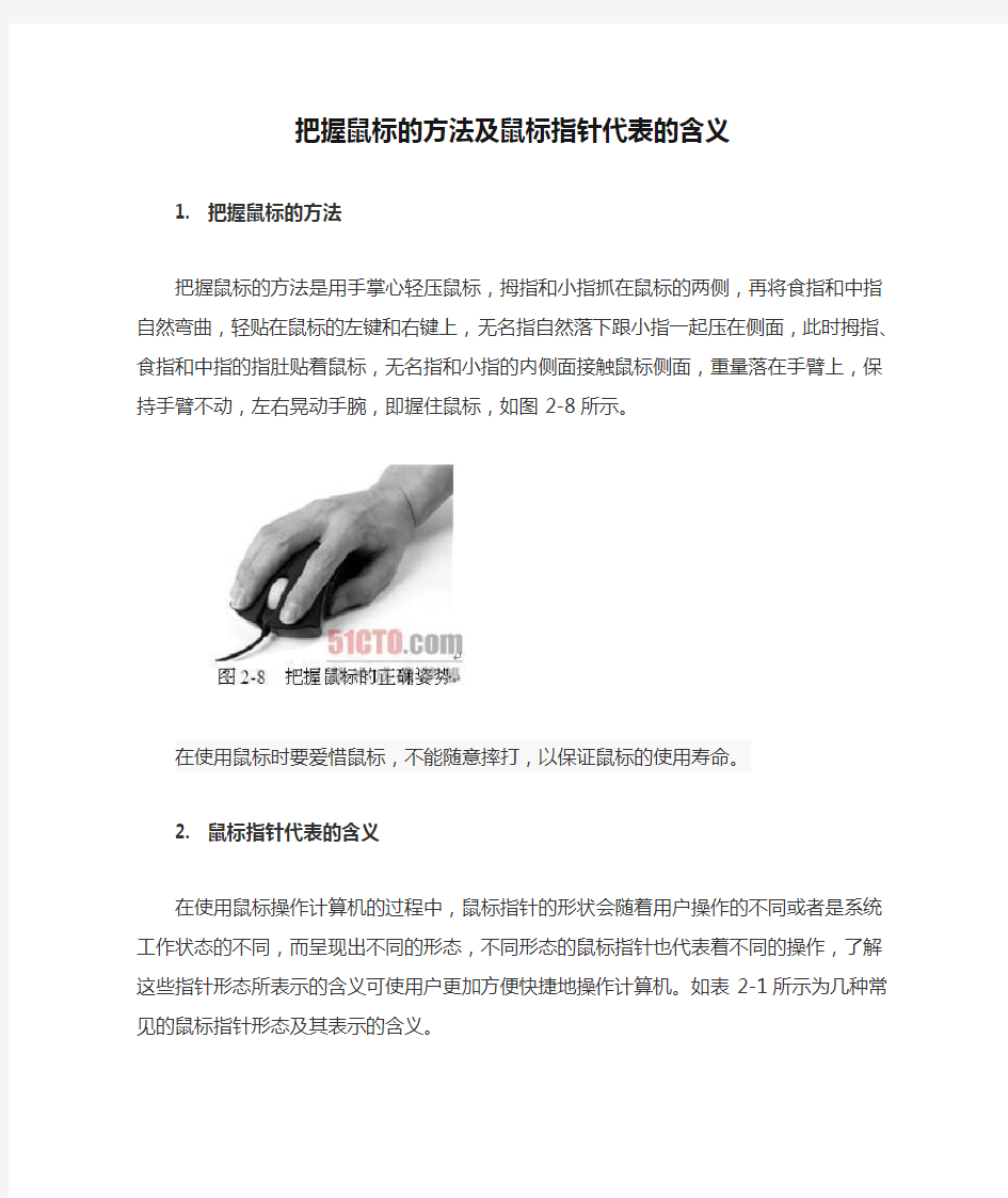 把握鼠标的方法及鼠标指针代表的含义