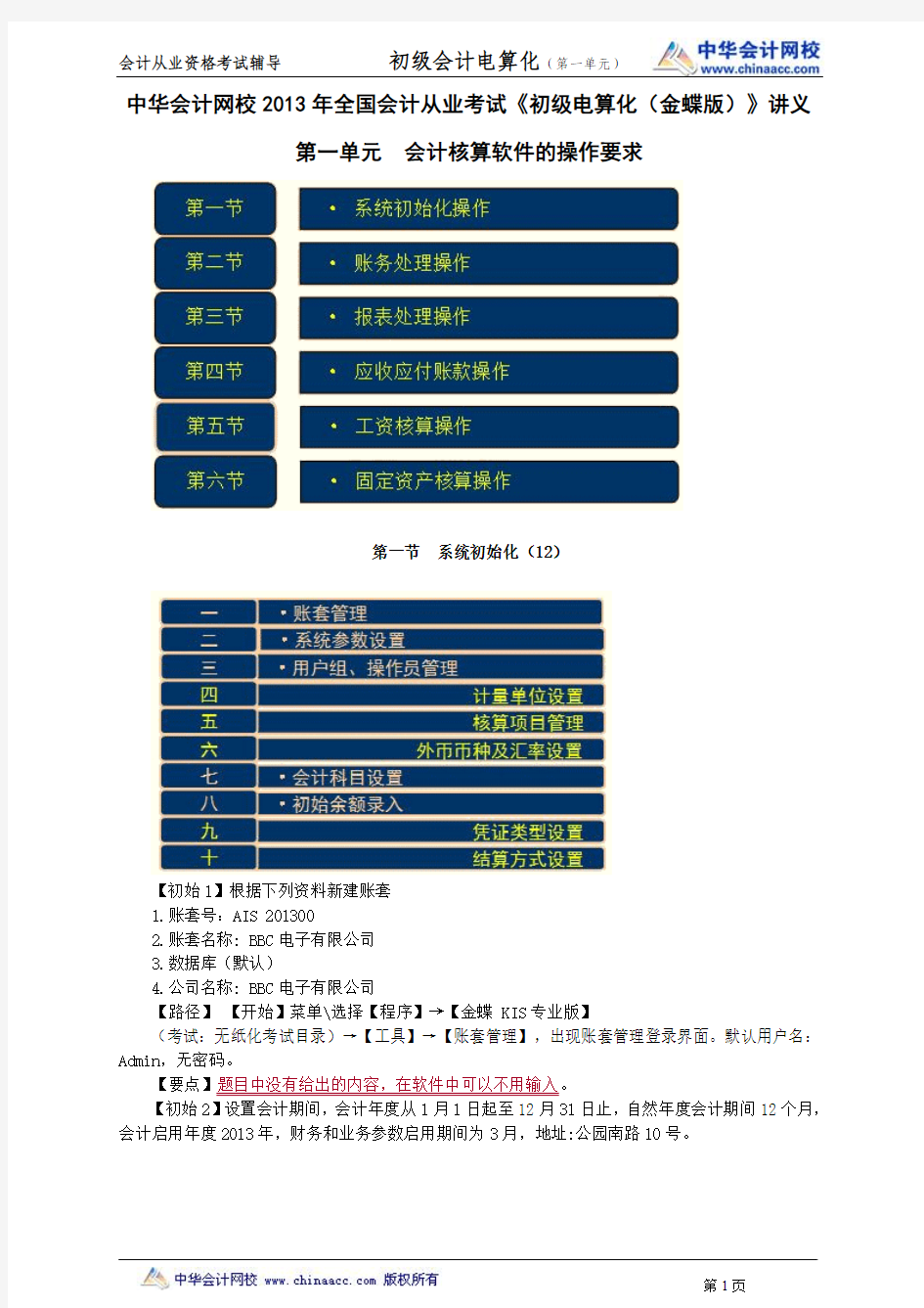 中华会计网校2013年全国会计从业考试《初级电算化(金蝶版)》讲义第一单元会计核算软件的操作要求