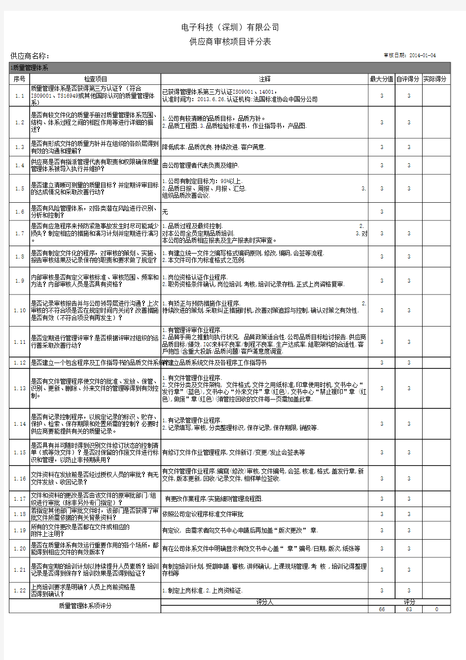 供应商审核项目评分表