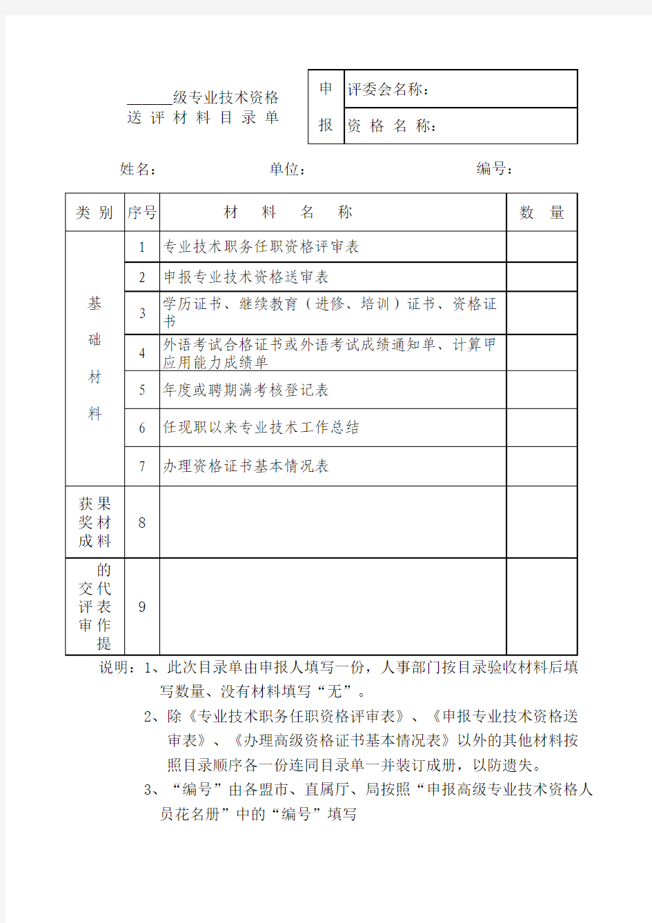 高级职称评审目录单