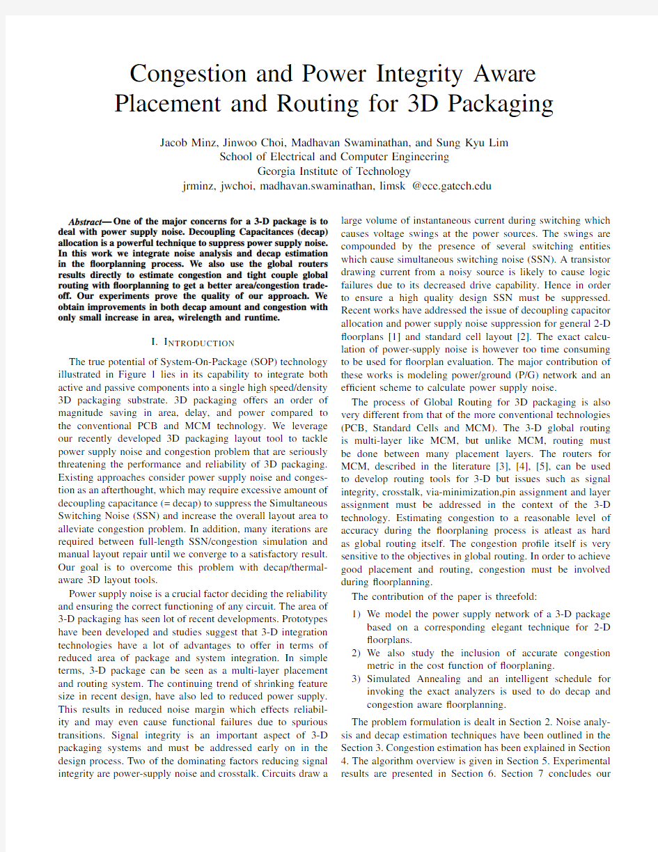 Congestion and Power Integrity Aware Placement and Routing for 3D Packaging