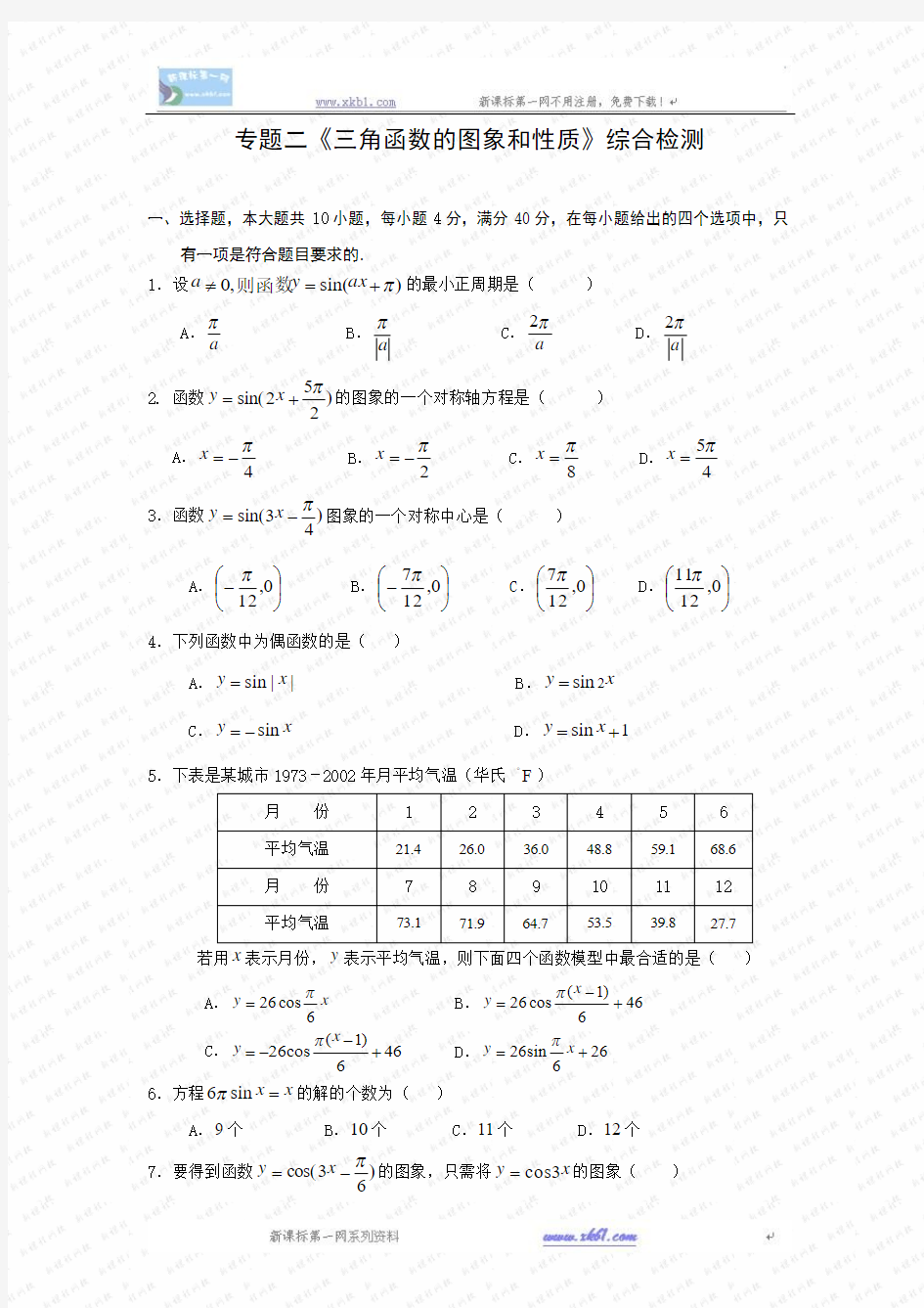 第1章三角函数的图象和性质综合检测(苏教版必修4)