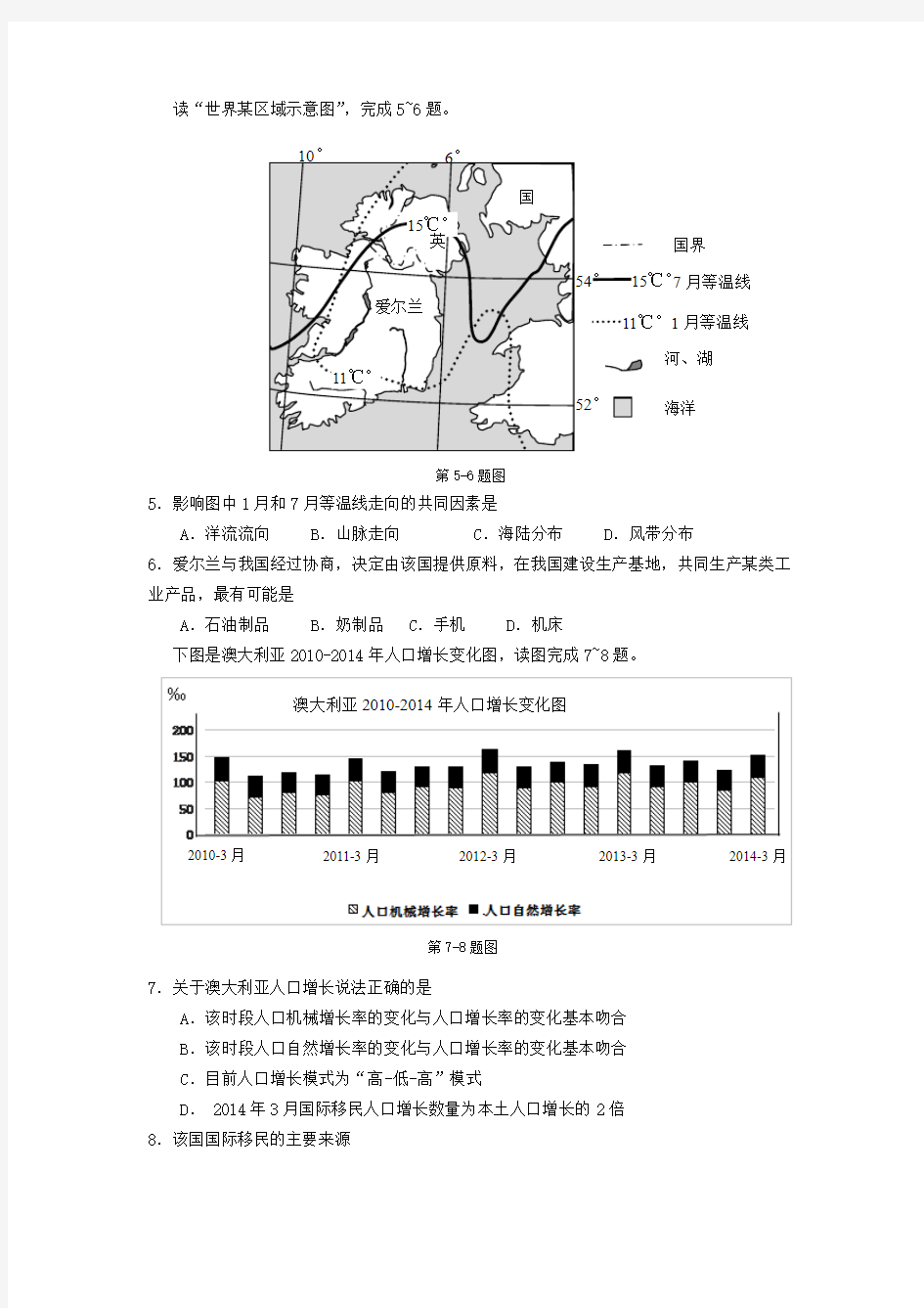 2015年杭州市第二次高考科目教学质量检测(文综地理)