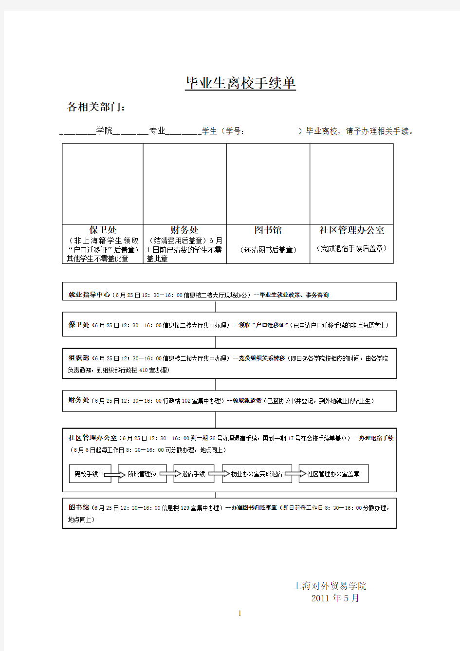 毕业生离校手续单