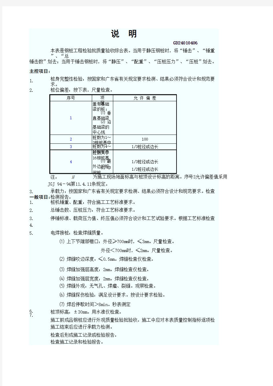 锤击、静压钢桩工程检验批质量验收记录表