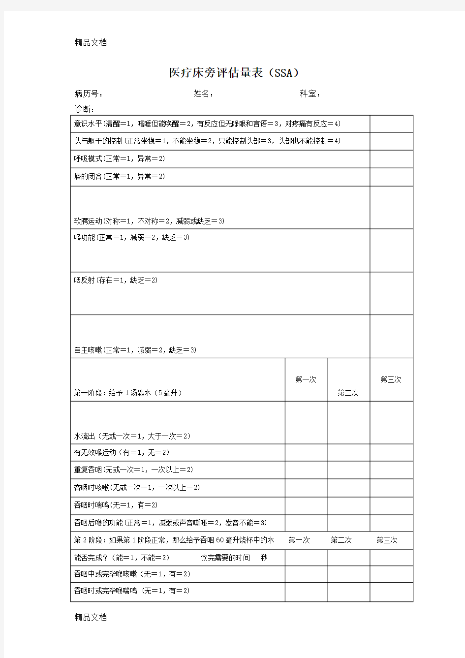 最新标准吞咽功能评估表(SSA)资料