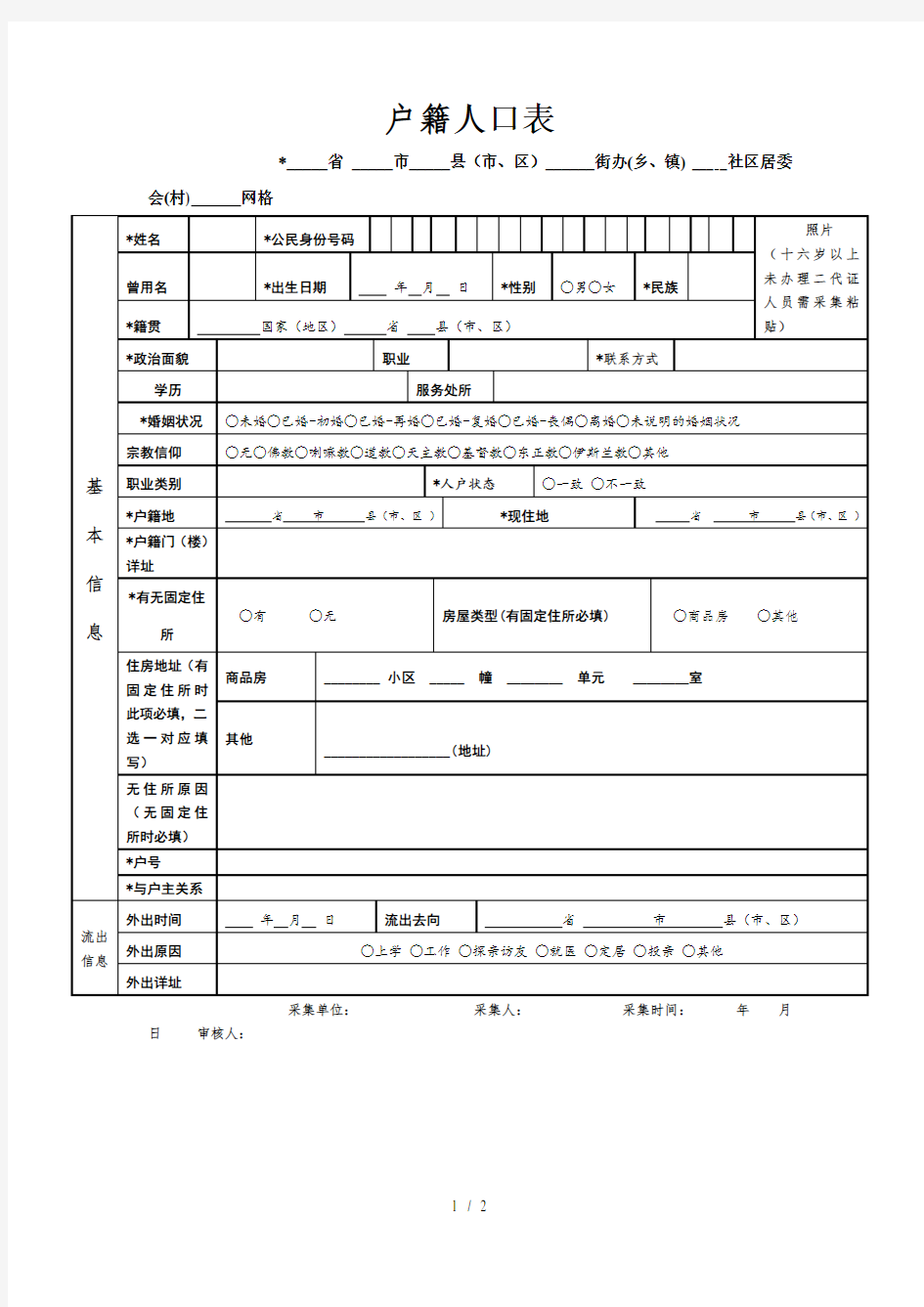 户籍人口登记表