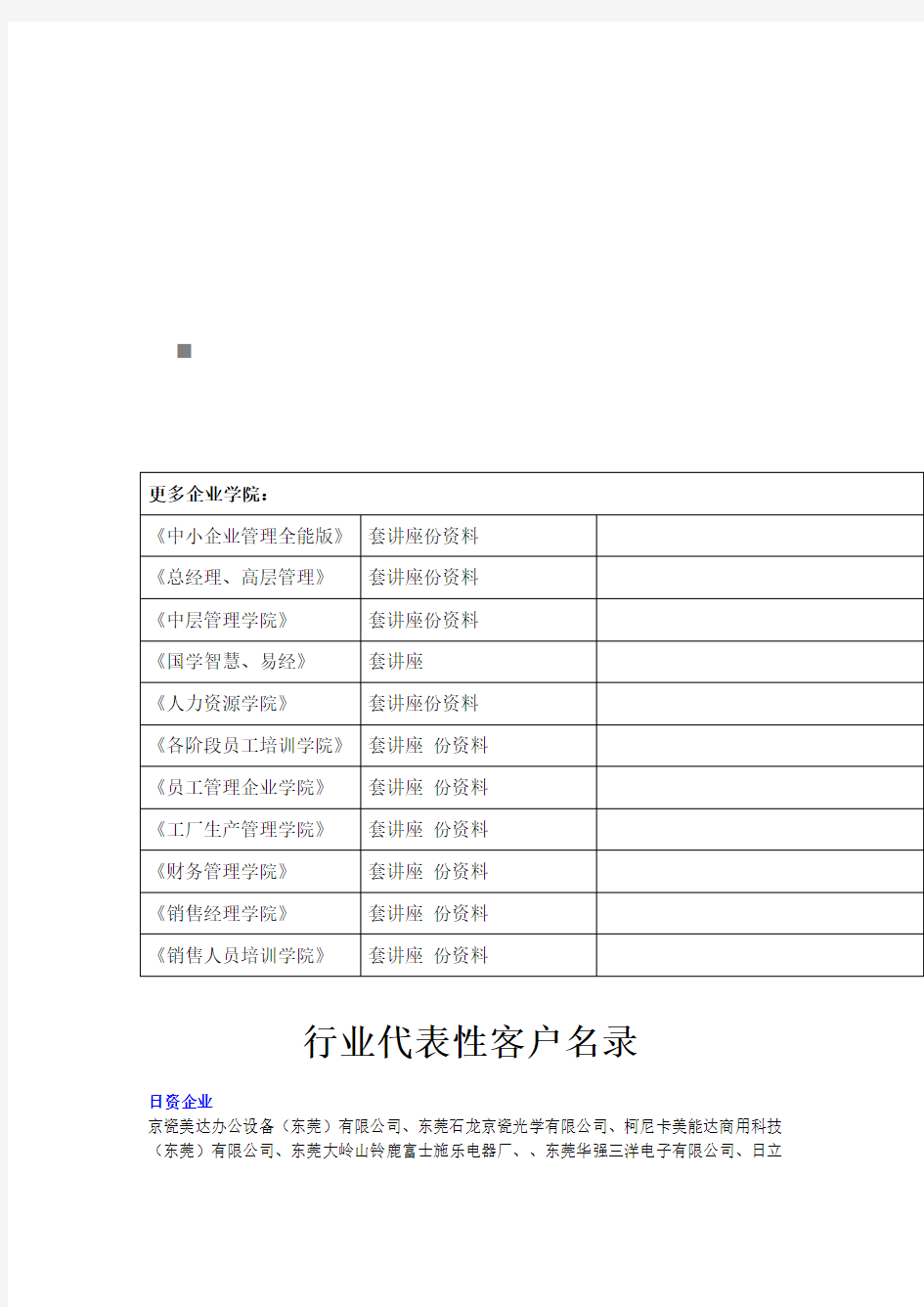 行业代表性客户名录介绍