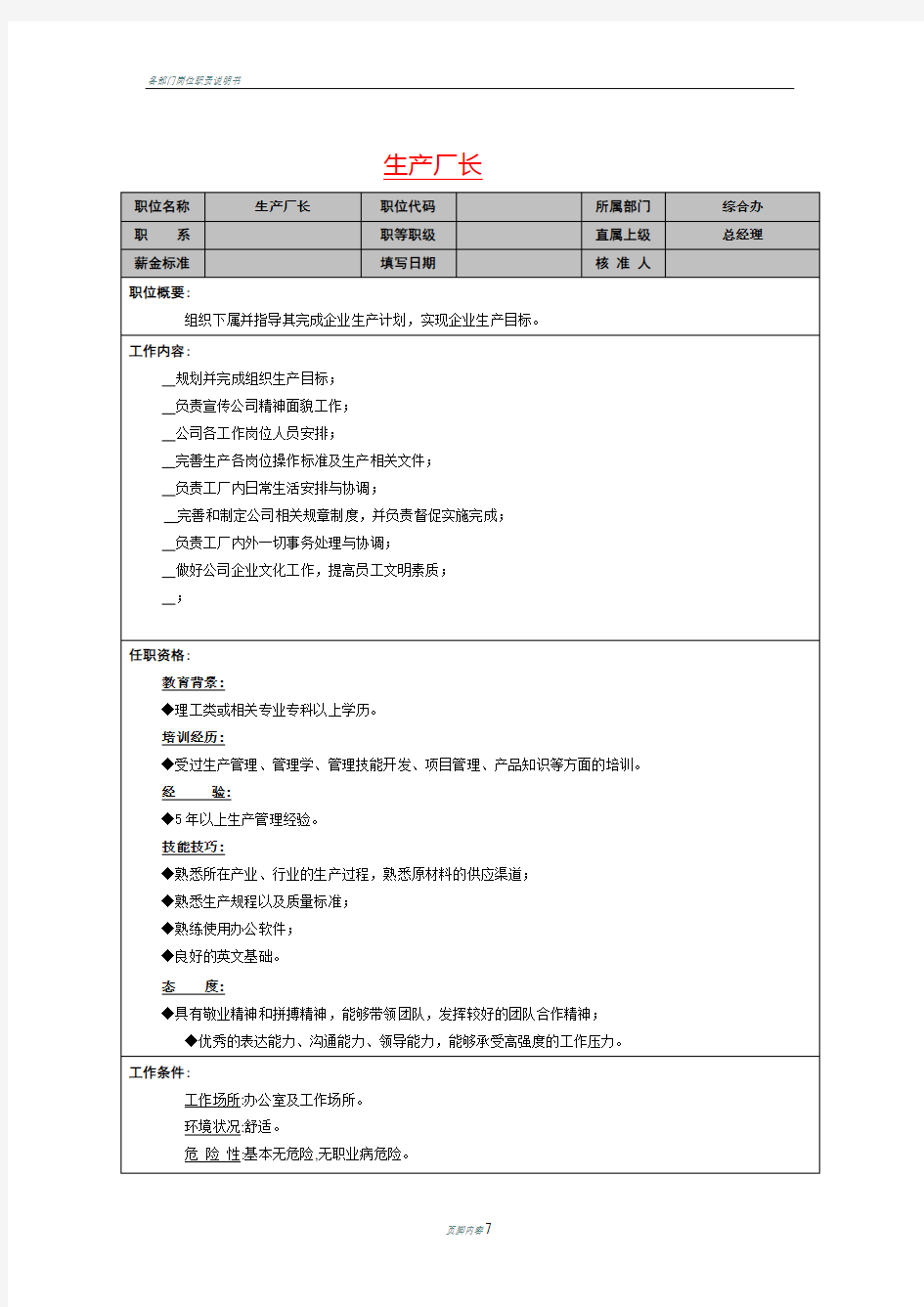 各部门岗位职责说明书