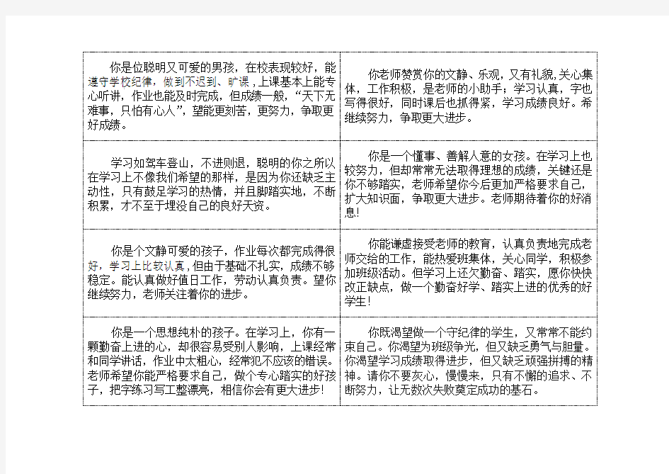 学生评价手册班主任评语寄语