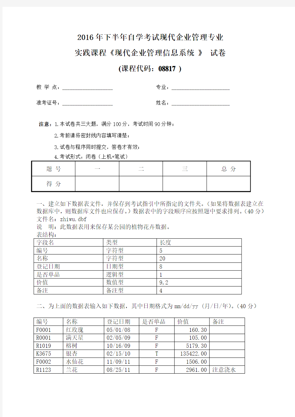 广东省自学考试现代企业管理《信息系统实践考核试题》