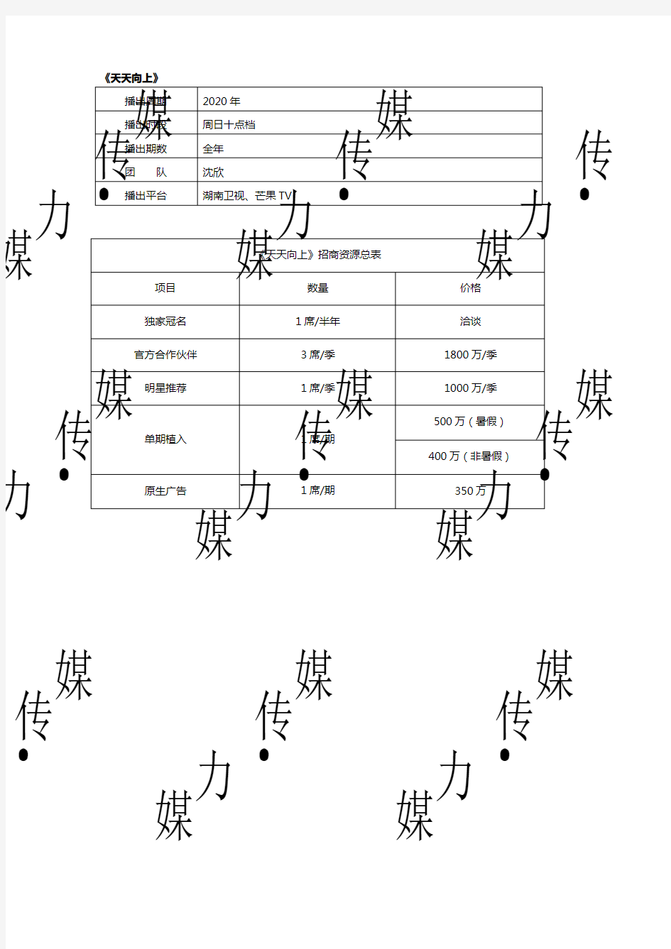 湖南卫视天天向上2020年广告招商价格—媒力·传媒