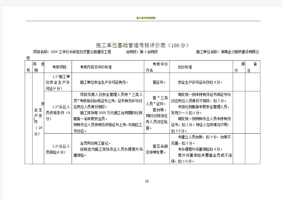 施工单位平安工地考核评价表(标准)