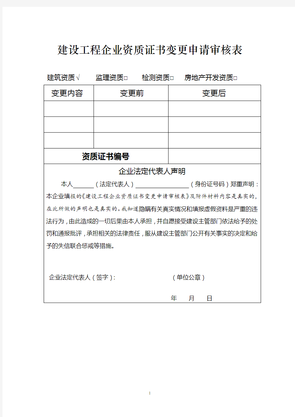 建设工程企业资质证书变更申请审核表