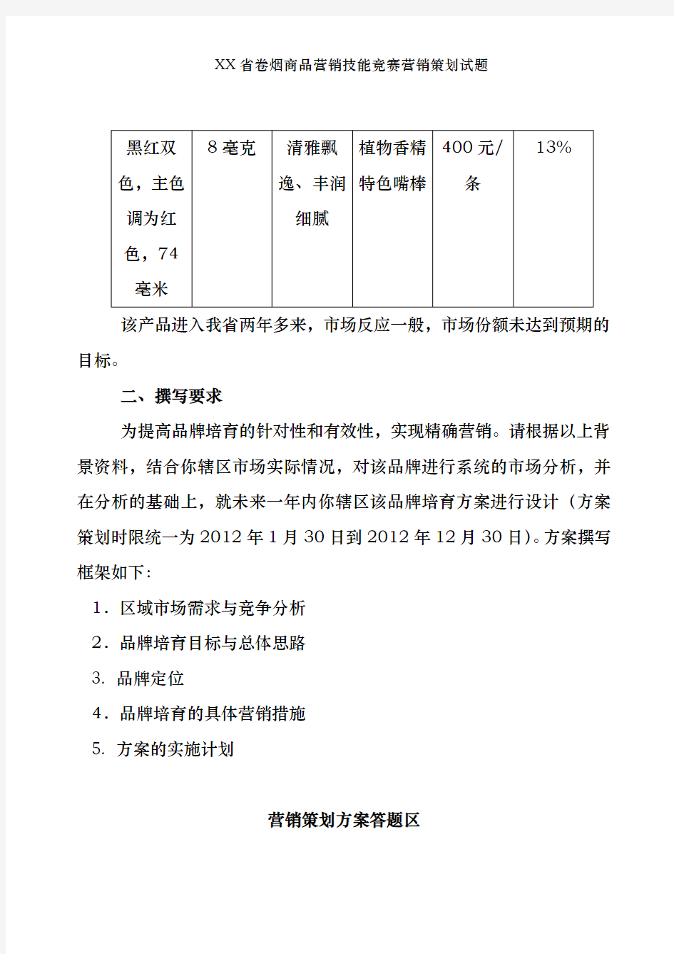 XX省卷烟商品营销技能竞赛营销策划试题