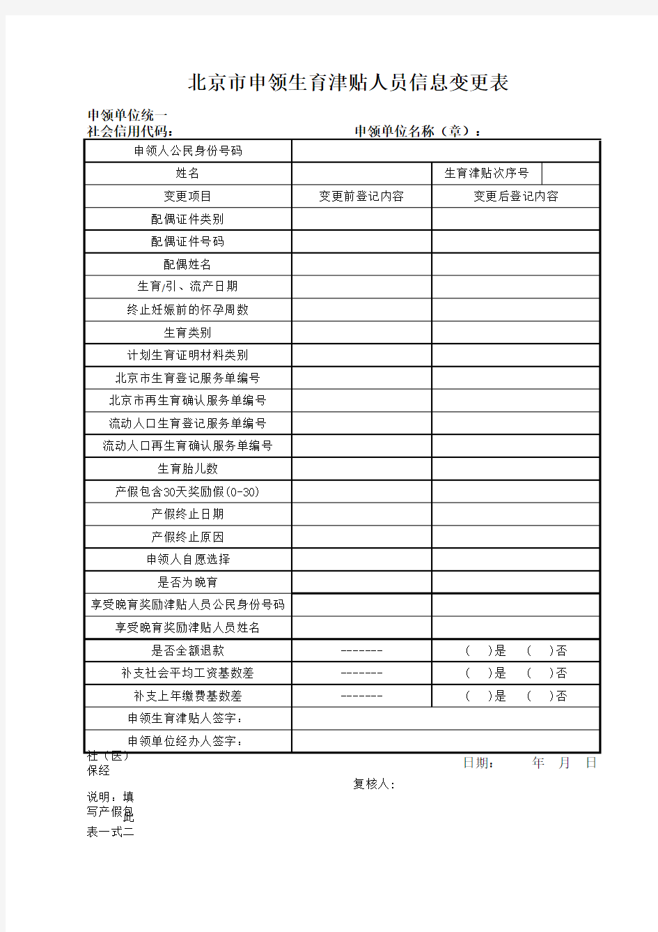 北京市申领生育津贴人员信息变更表