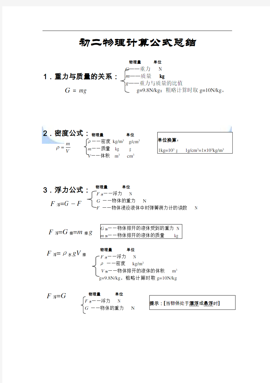 初二物理下册所有的公式69103