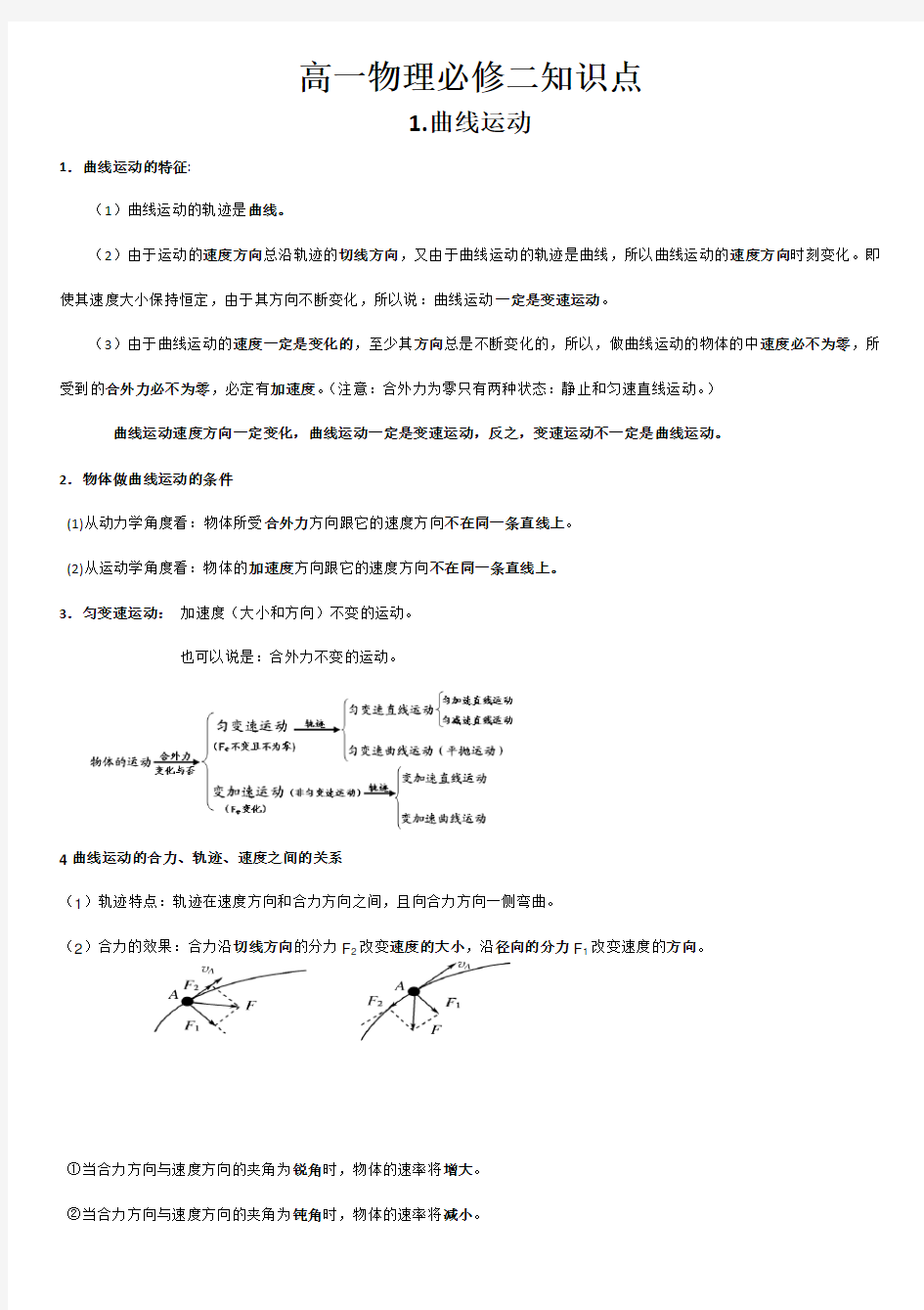 高一物理必修2知识点归纳