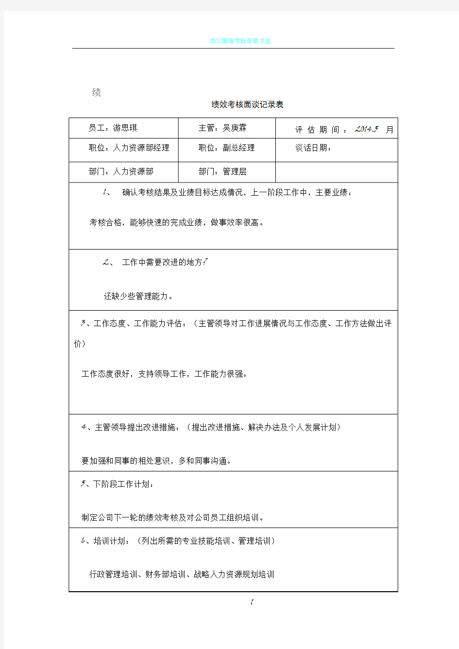 绩效考核面谈记录表