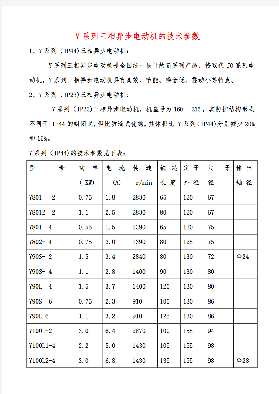 Y系列三相异步电动机的技术参数