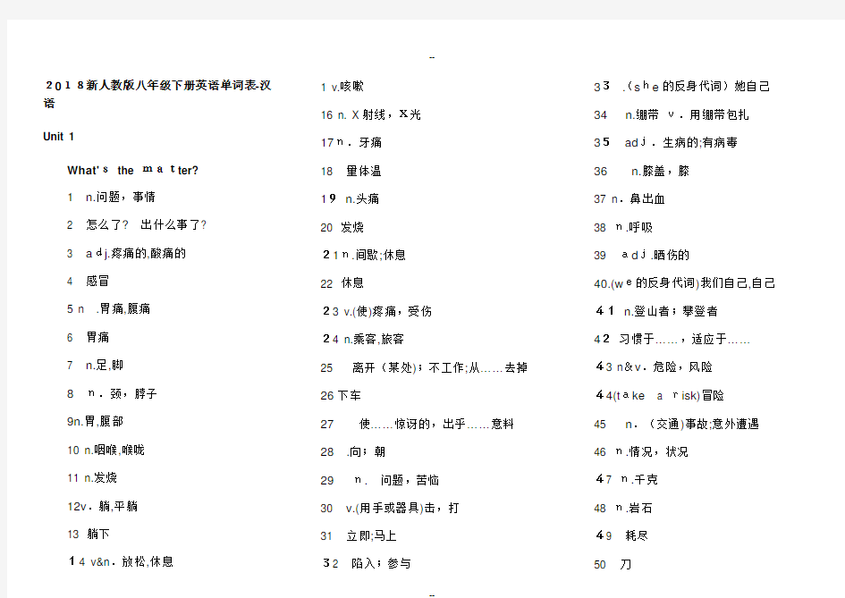 新人教版八年级下册英语单词表汉语