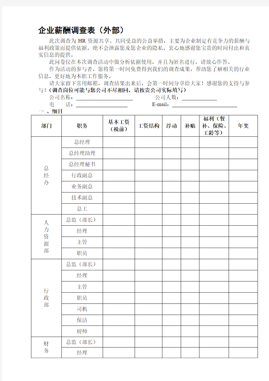 企业外部薪酬调查表