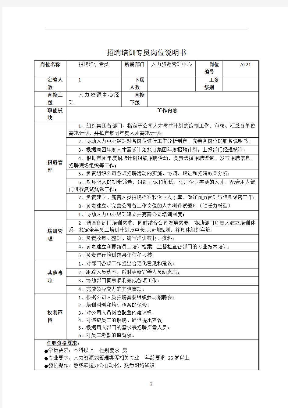 招聘培训专员岗位职责