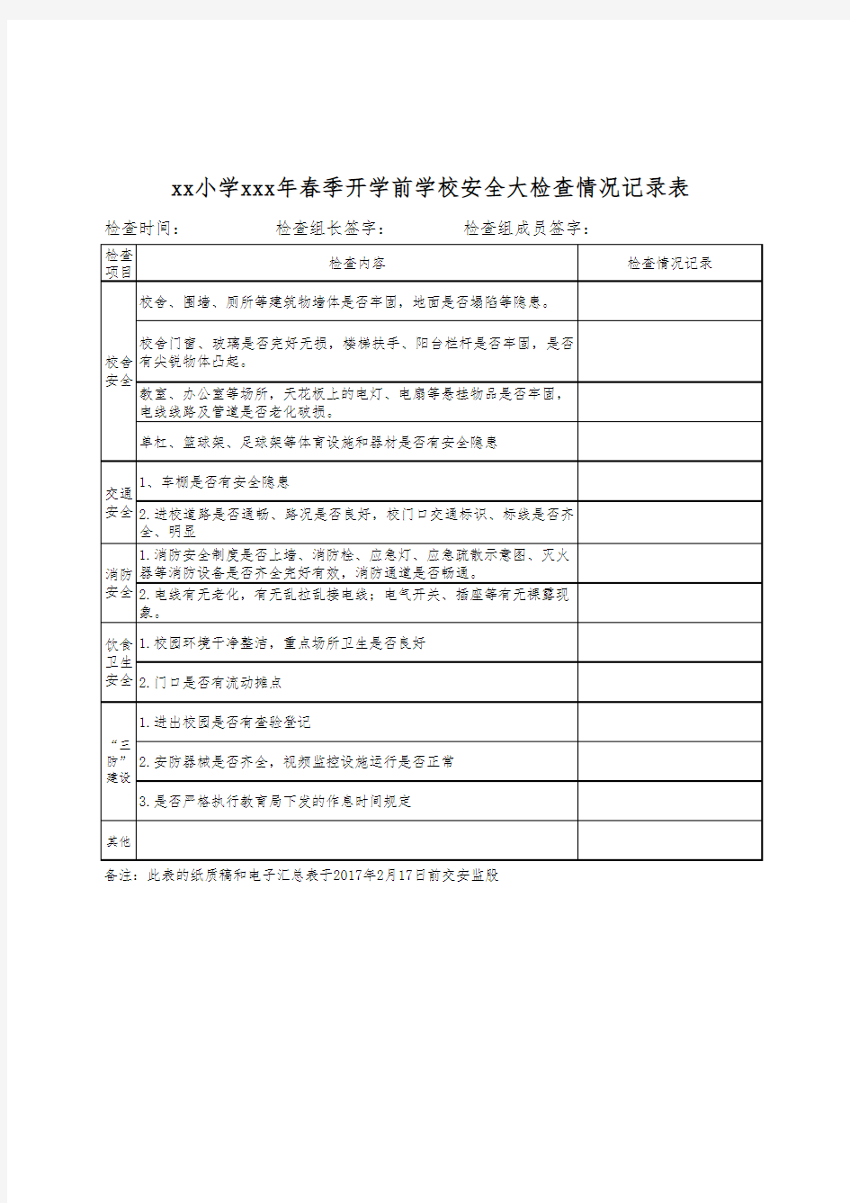 春季开学学校安全大检查情况记录表资料整理