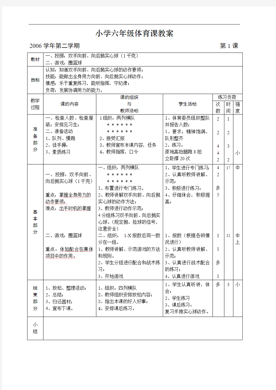 小学六年级体育课教案 (3)