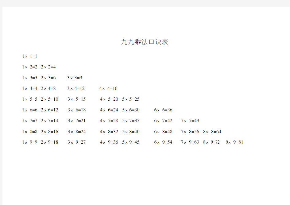 乘法口诀表(word打印版)