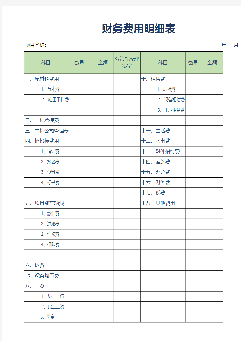 财务费用明细表excel模板