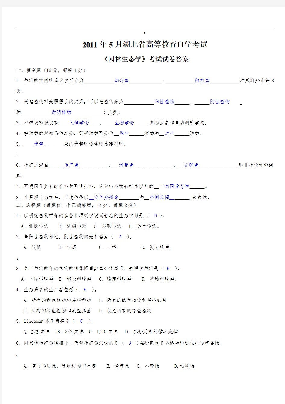 园林生态学试卷答案