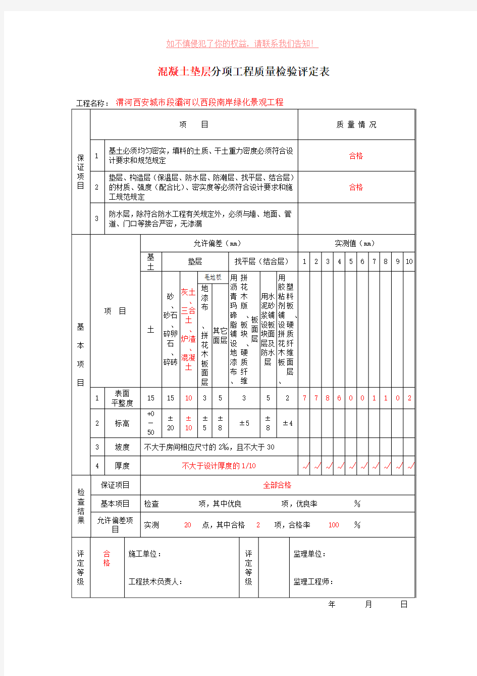 混凝土垫层分项工程质量检验评定表样表参考模板