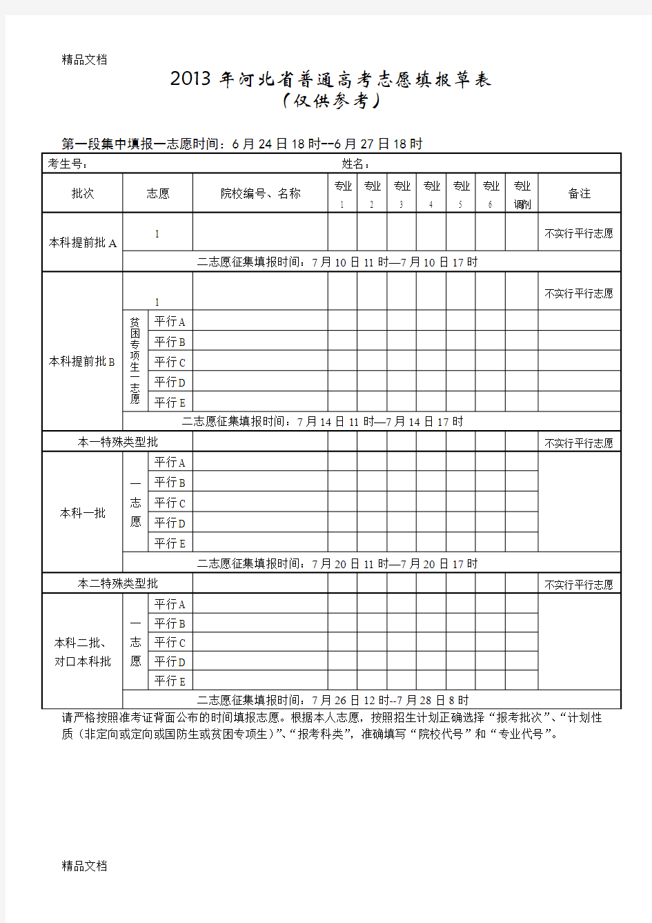 最新高考志愿填报草表资料