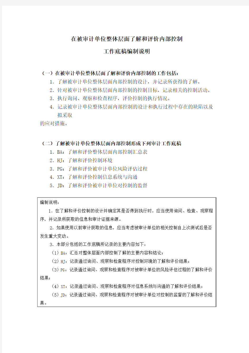 内部控制工作底稿-在被审计单位整体层面了解内部控制