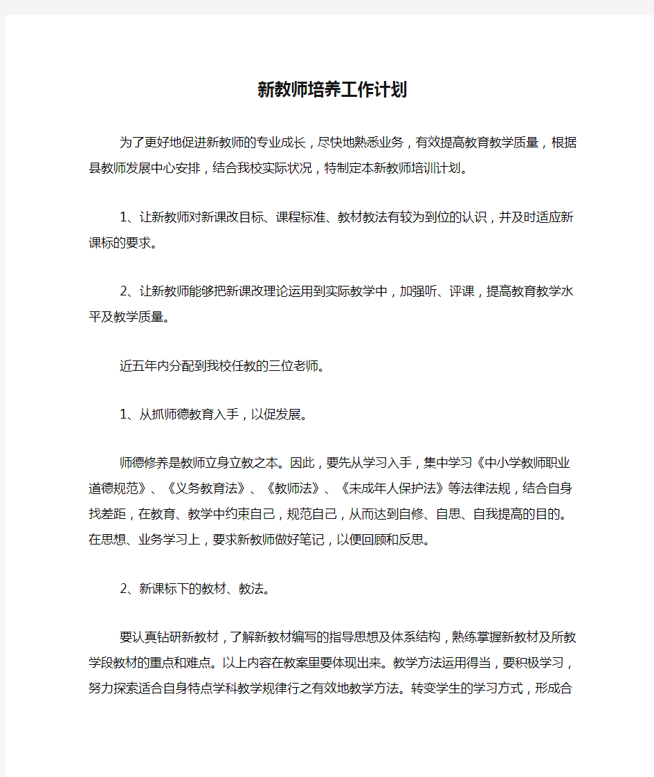 2020年新教师培养工作计划