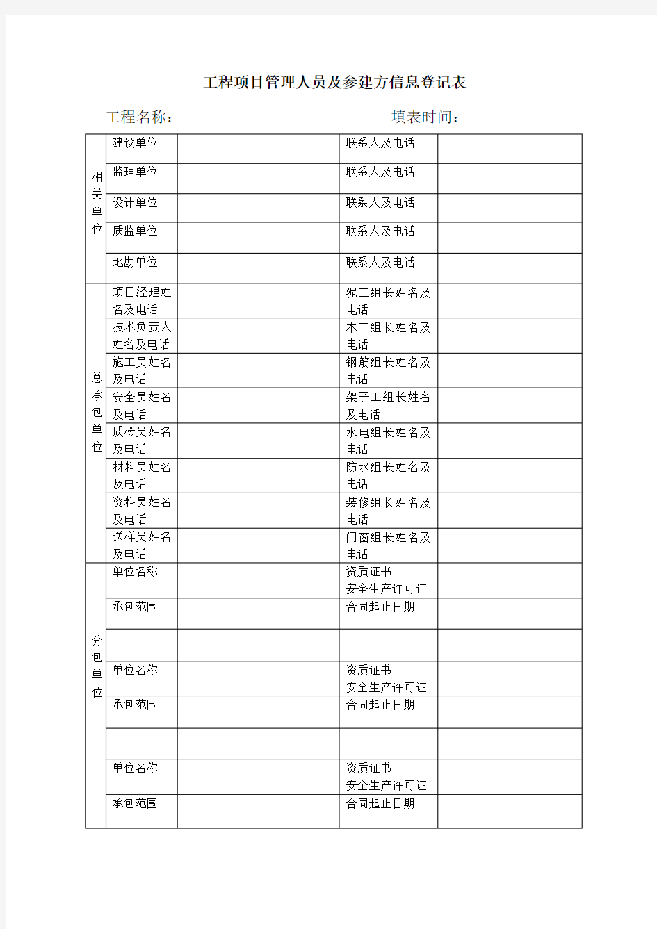 工程项目管理人员及参建方信息登记表