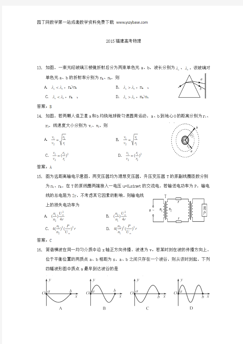 2015高考真题——理综物理(福建卷)Word版含答案