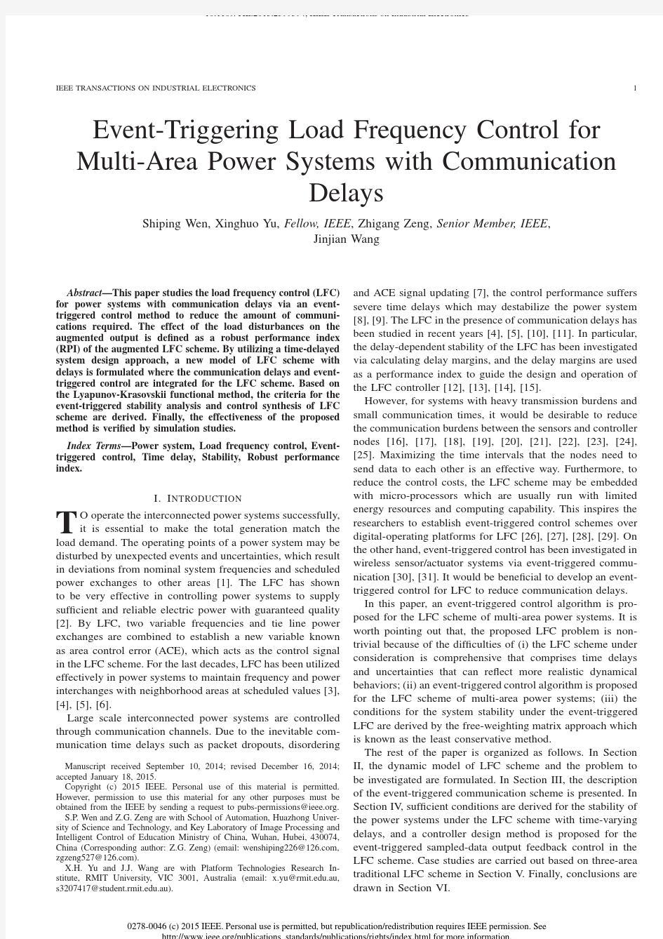Event-Triggering Load Frequency Control for Multi-Area Power Systems with Communication Delays