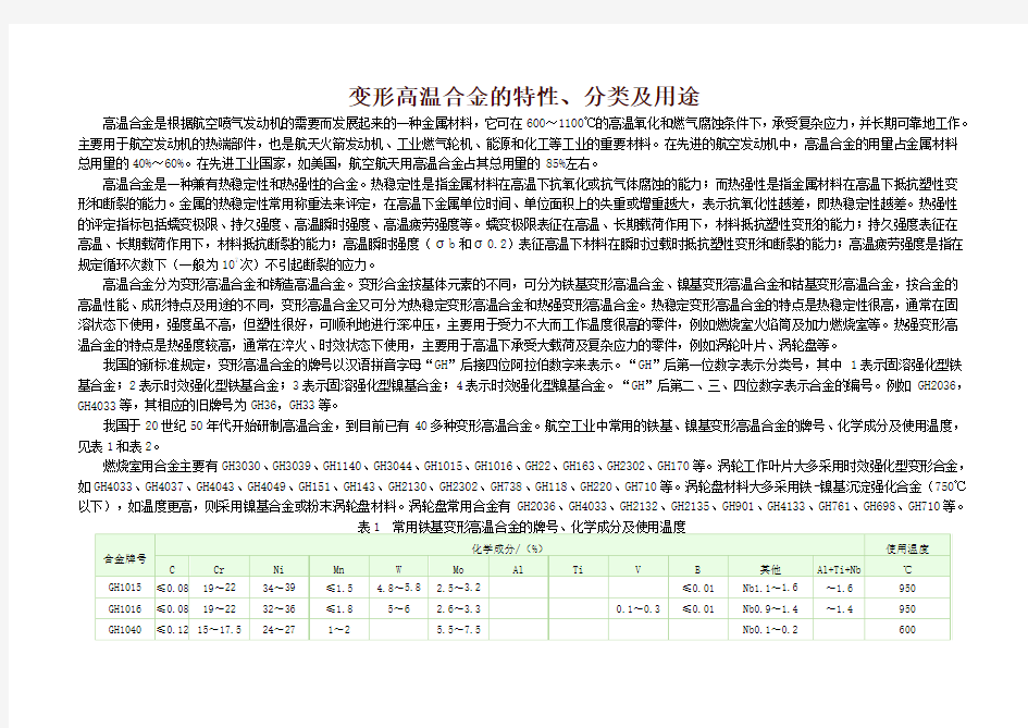 变形高温合金的特性