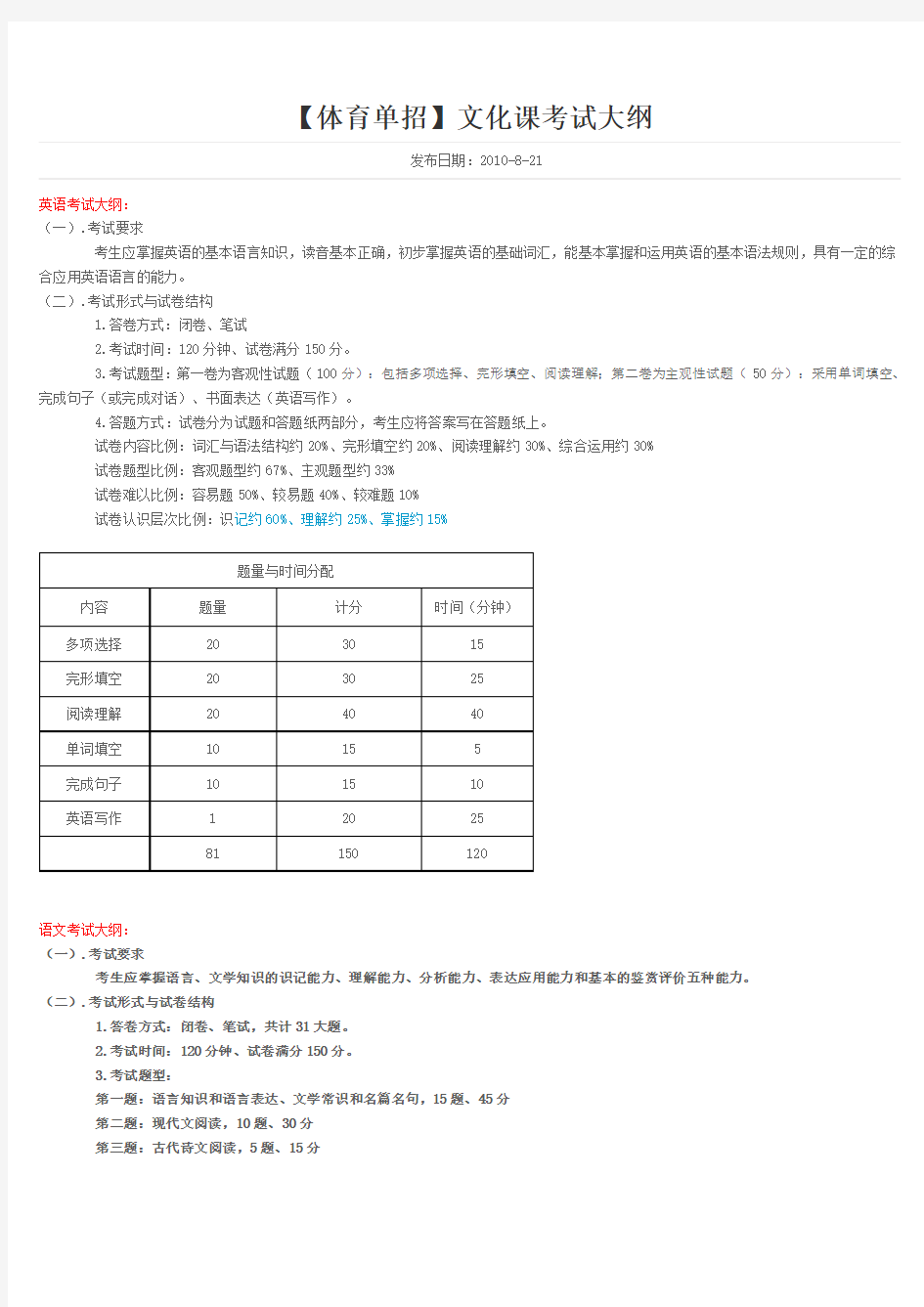 【体育单招】文化课考试大纲