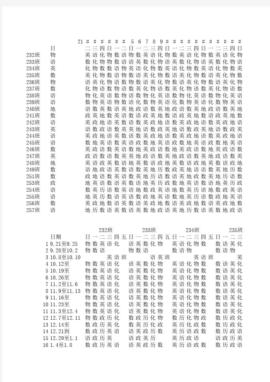 2014年下学期第八节课课程表