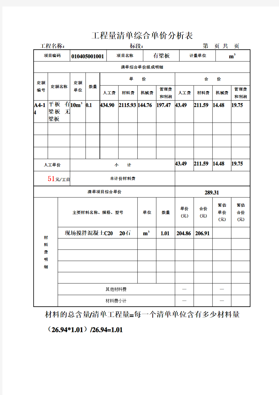 综合单价分析表填写