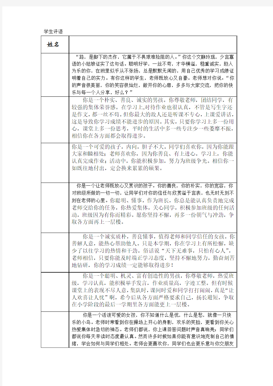 六年级上学期学生评语