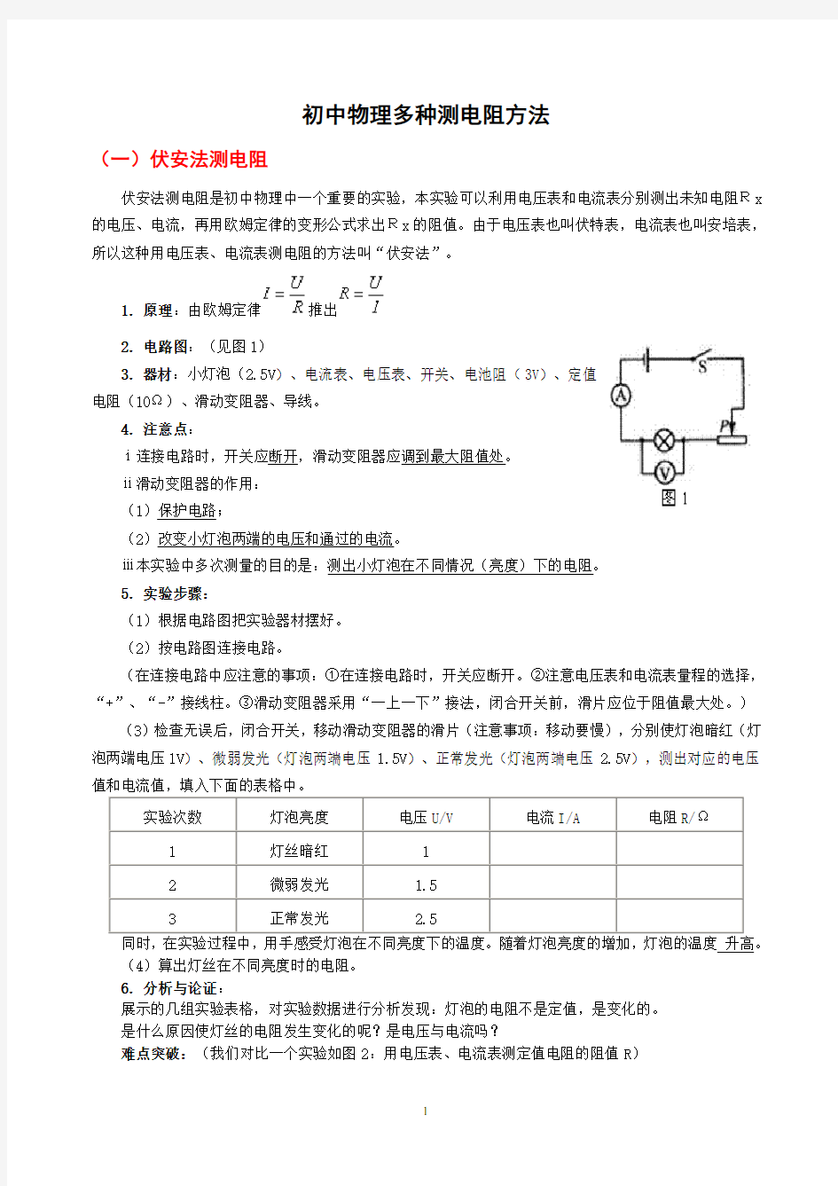 初中物理多种方法测电阻方法