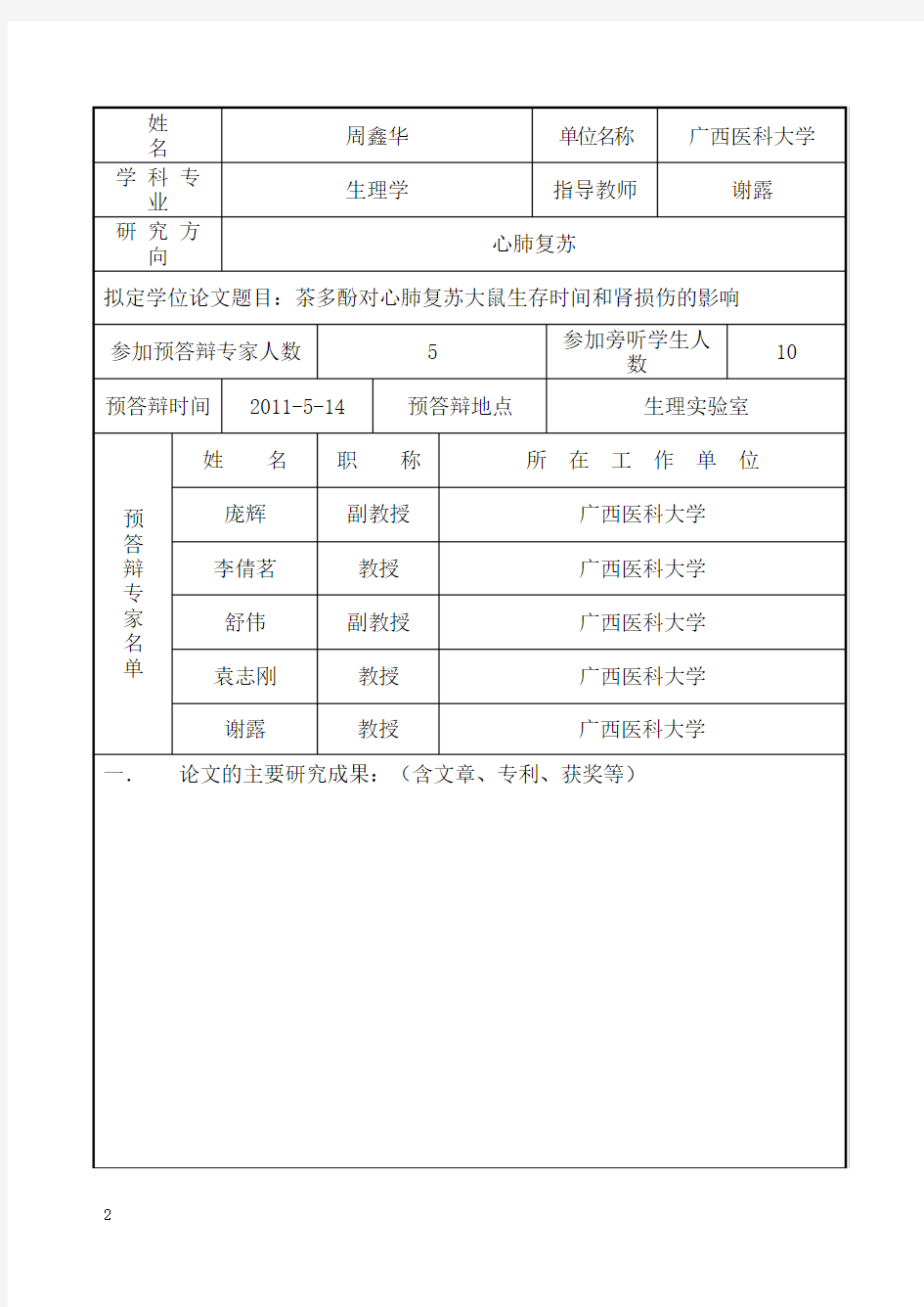 预答辩记录 周鑫华