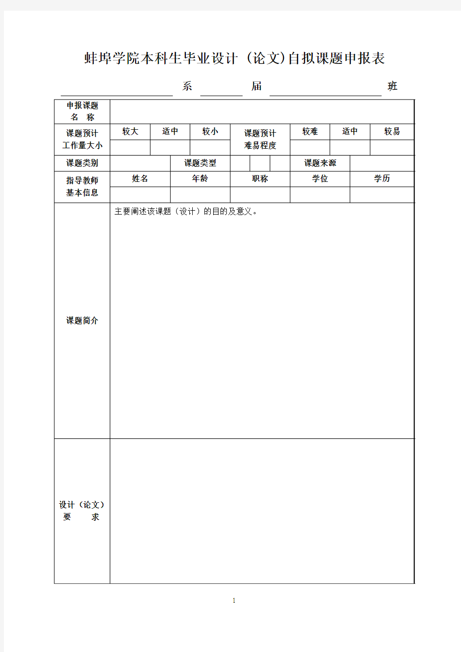 本科生毕业设计 (论文)自拟课题申报表