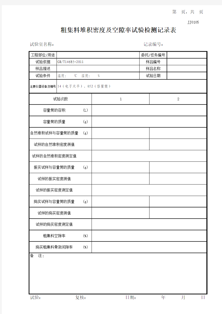 粗集料堆积密度及空隙率试验记录表