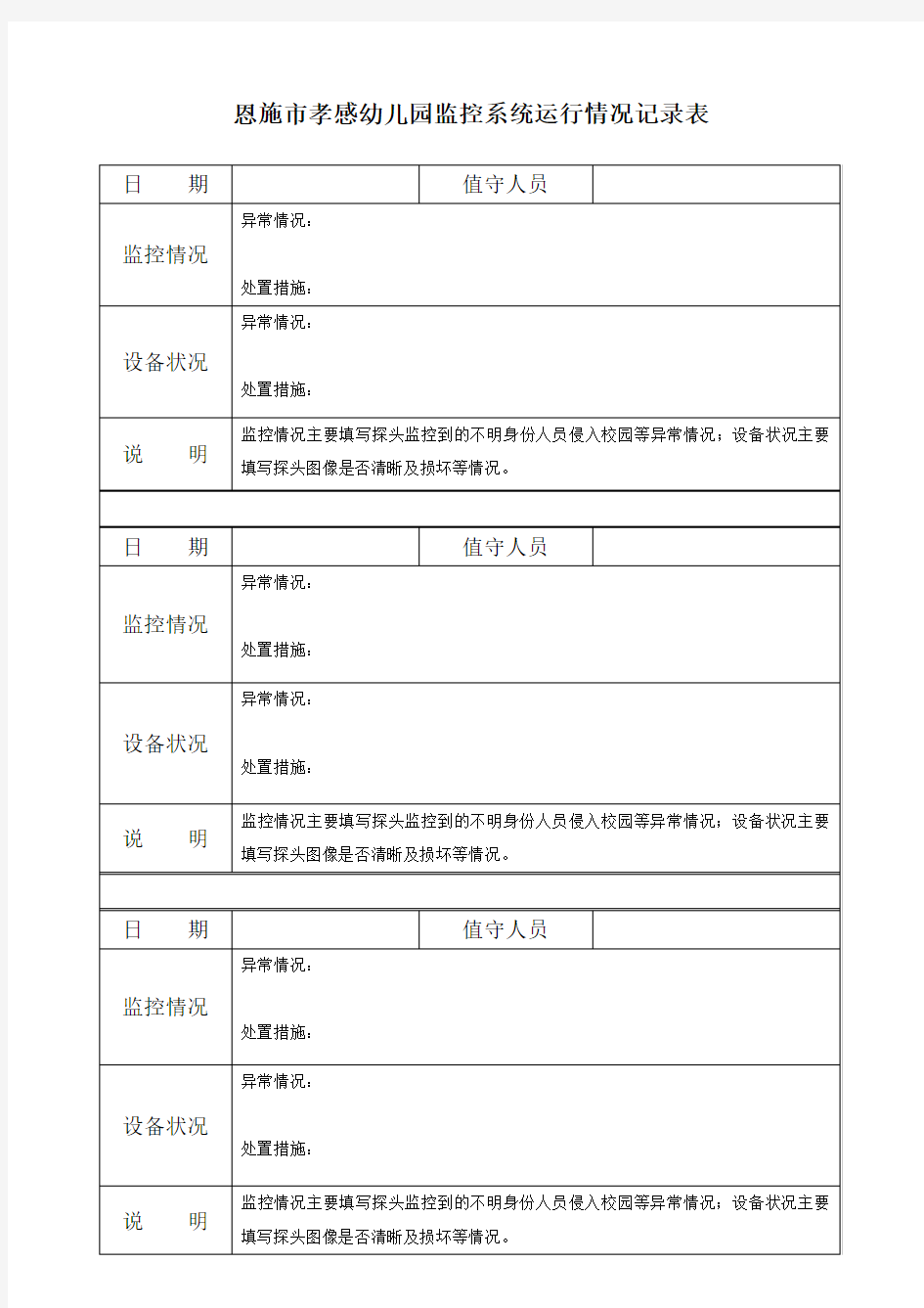 视频监控系统运行情况记录表